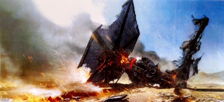 Leaked concept art of a crashed spacecraft resembling a TIE fighter.